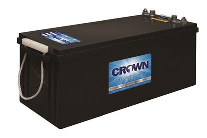 Single product image of a black Crown 12CRV4D deep cycle battery with a label on the front.