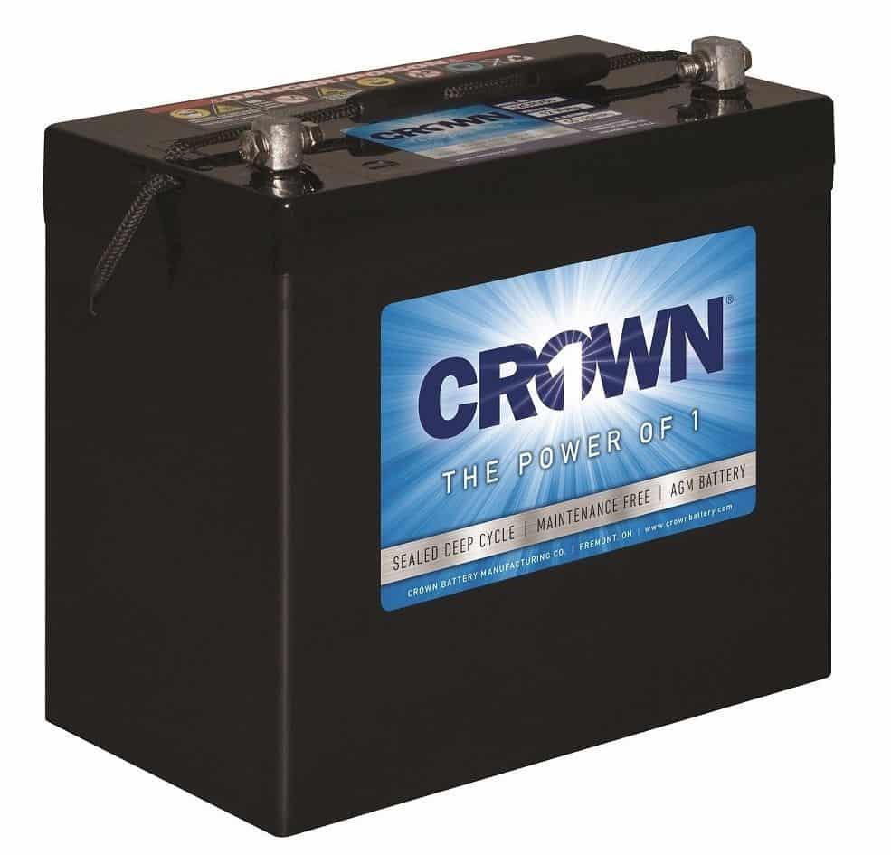 A black Crown 12CRV55 deep cycle battery with a label showing the brand name and product type.