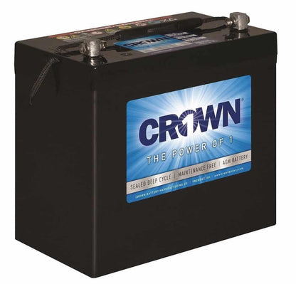 A black Crown 12CRV55 deep cycle battery with a label showing the brand name and product type.