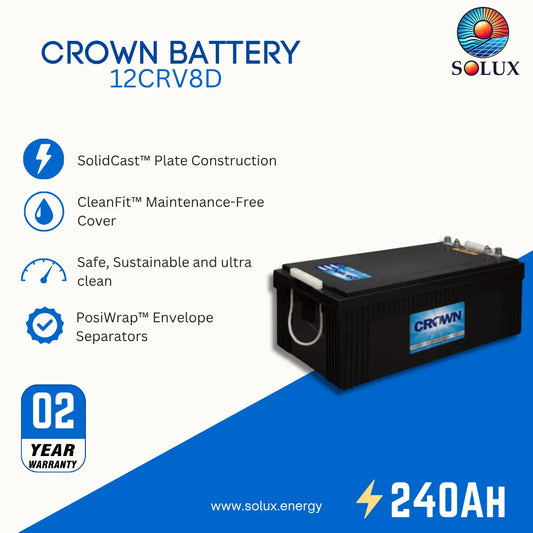 A promotional product graphic for a Crown Battery 12CRV8D by Solux, showing the black battery on the right and feature callouts on the left, including solid cast plate construction, a clean fit maintenance-free cover, safe and sustainable design, posiwrap envelope separators, a 02 year warranty, and 240Ah capacity.
