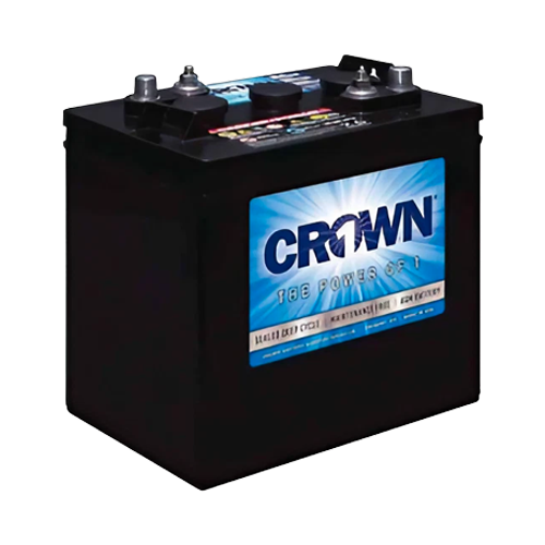 A black Crown 12CRVGC12 deep cycle battery with a blue label on the front.