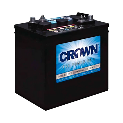 A black Crown 12CRVGC12 deep cycle battery with a blue label on the front.