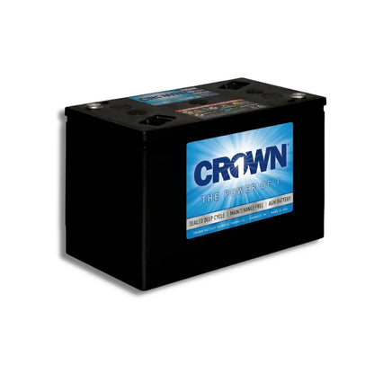 A black Crown brand marine auxiliary battery with a blue and white front label, shown at a three-quarter angle on a white background.
