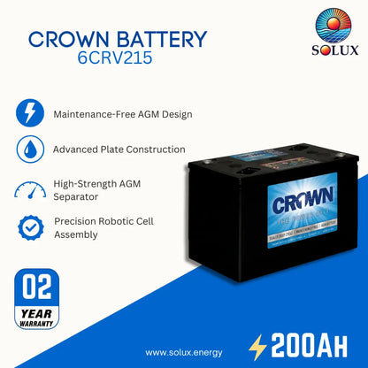 Crown Battery 6CRV215 AGM marine battery by Solux, shown on a white and blue promotional background with product features and a 2-year warranty badge.