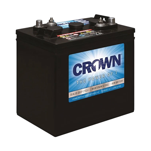 A black Crown deep cycle battery with a label featuring the brand logo and product information.