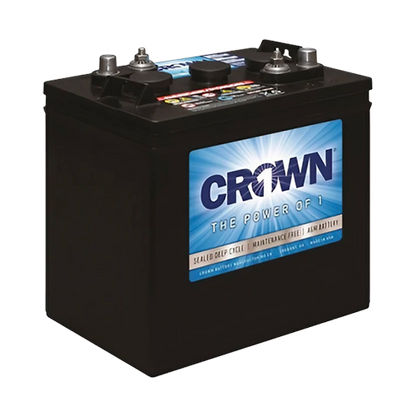 A black Crown maintenance free AGM battery with brand logo visible on the label.