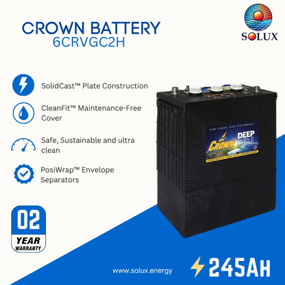 A promotional product graphic for a Crown Battery 6CRVGVC2H from Solux. The image features a black battery on the right side with its label showing 'Crown Deep Cycle' and '245AH', alongside several feature callouts on the left with icons (solid cast plate construction, clean fit maintenance-free cover, safe and sustainable, posi wrap envelope separators, and a 02 year warranty).