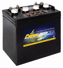 A black Crown Deep Cycle battery with multiple connection terminals on the top.