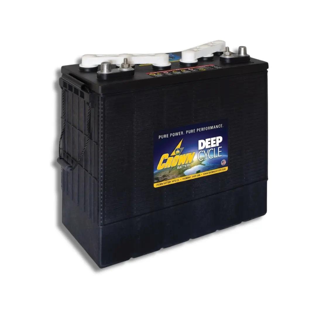 A Crown Deep Cycle marine battery with a black casing, white terminal caps, and a colorful front label, shown on a white background.