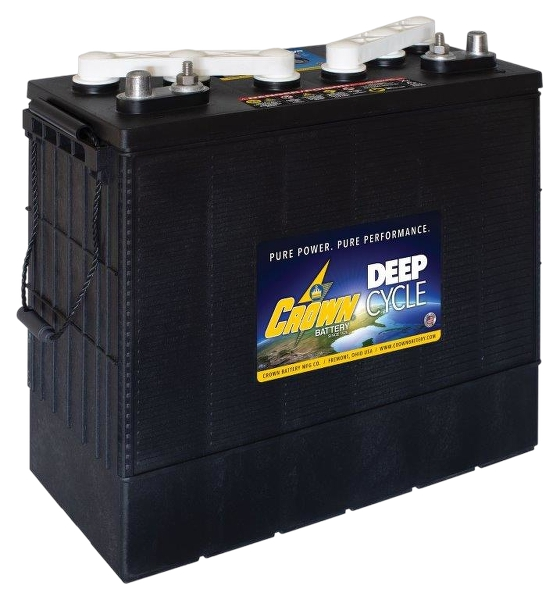 A product image of a black  Crown 185Ah deep cycle battery, with handle, in a transparent background
