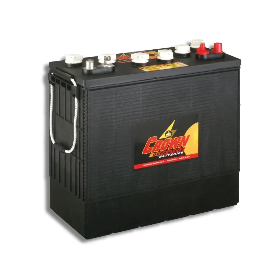 A black Crown Battery AGM marine battery with a white hanging strap, terminal caps, and red and black terminal covers, shown on a white background.