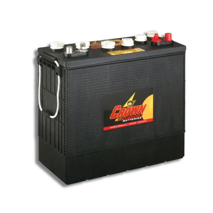 A black Crown Battery AGM marine battery with a white hanging strap, terminal caps, and red and black terminal covers, shown on a white background.