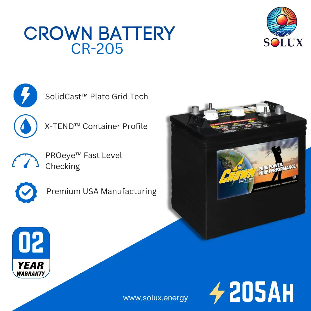 Crown Battery CR-205 lead-acid automotive battery by Solux, shown on a white and blue promotional background with feature callouts and a 2-year warranty badge.