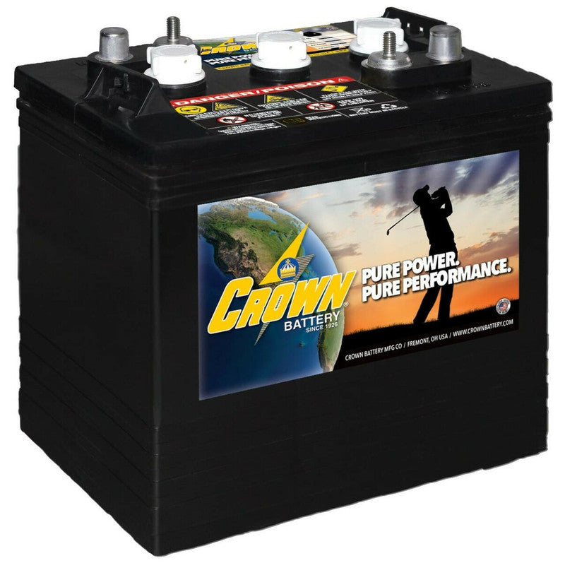 CR-205 single image, a black Crown Golf Cart Battery with a label featuring a silhouette of a golfer and the sunset.