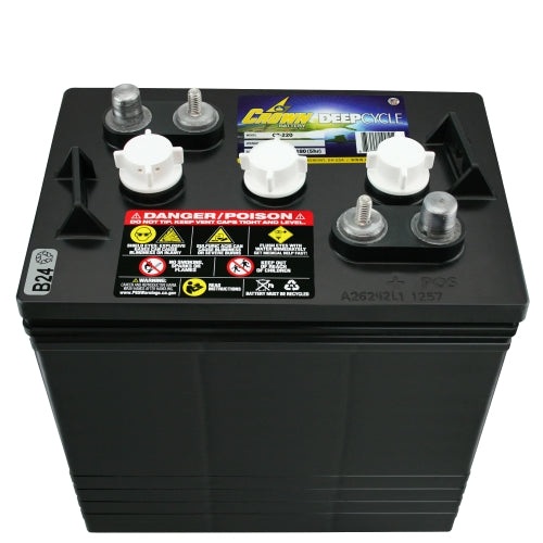 A black Crown CR-220 Group GC2 6V 220 AH battery with multiple terminal connections, including positive and negative posts and stud terminals.