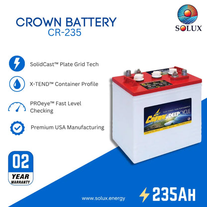 SOLUX Crown Battery CR-235 promotional product graphic on a white and blue background, showing the battery with a red top and white body, plus feature icons and text including 'SolidCastCast Plate Grid Tech,' 'X-TEND Container Profile,' 'PROeye Fast Level Checking,' 'Premium USA Manufacturing,' '02 Year Warranty,' and '235AH.'.