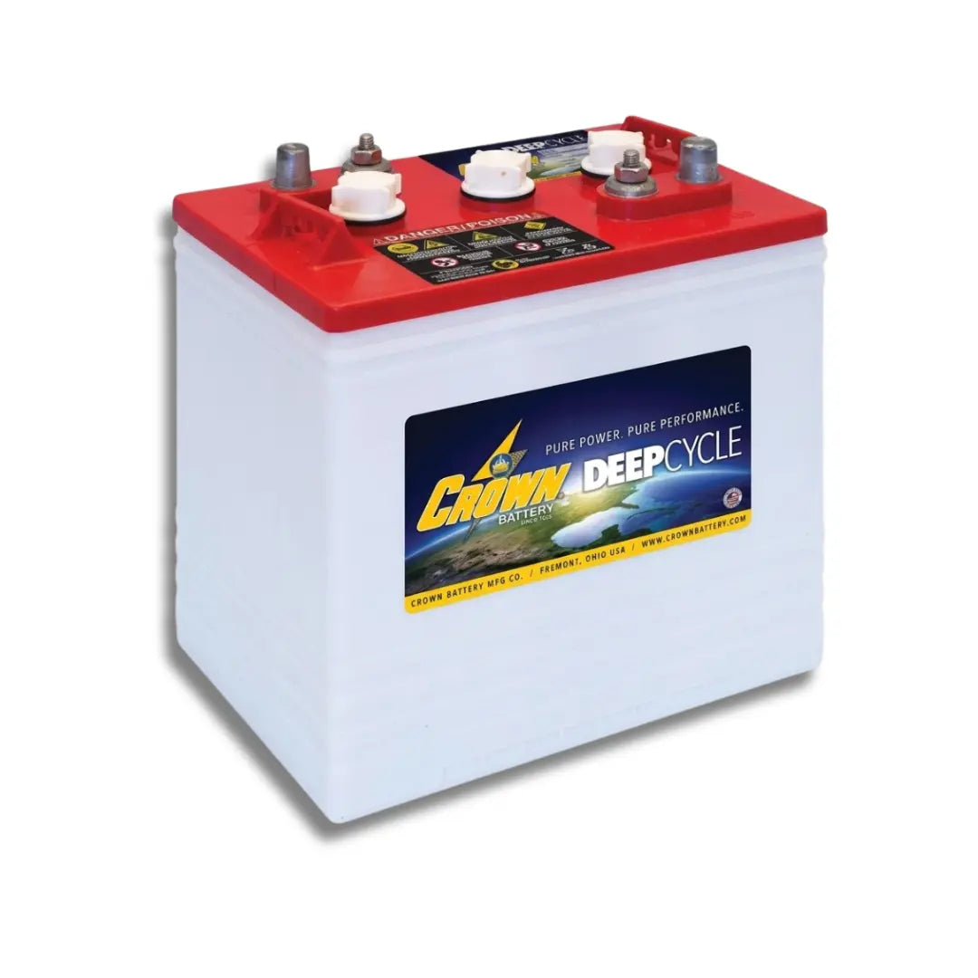 A Crown Deep Cycle marine battery with a white body, red top cover, and a black and yellow brand label, shown on a plain white background.