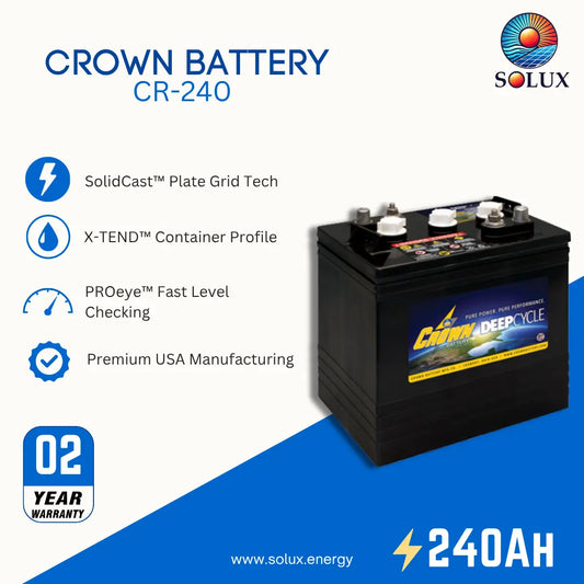 SOLUX Crown Battery CR-240 promotional graphic showing a black lead-acid battery on a white and blue background with feature callouts and a 2-year warranty badge.