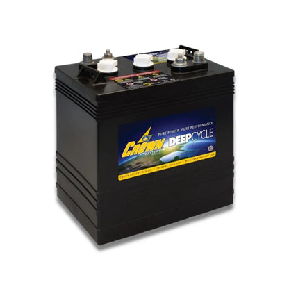 A single product image of a crown 260ah battery, a black marine battery with a blue and yellow 'Crown Deep Cycle' label, shown at a three-quarter angle on a white background.