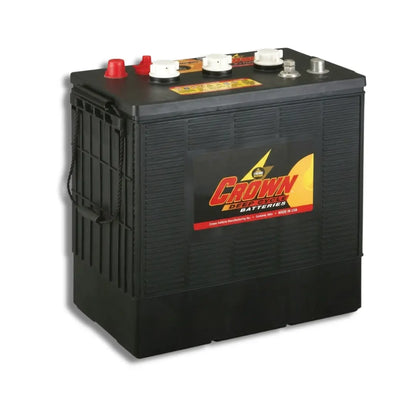 A black Crown batteries marine battery with a prominent red, yellow, and black logo on the front, featuring terminal caps in red, white, and silver on top, set against a plain white background.