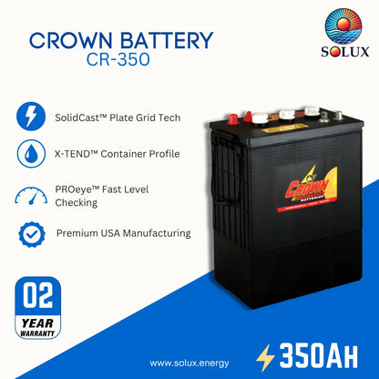 A promotional image of 350Ah Crown Battery with key features on side: solid cast, xtend, proeye with solux logo