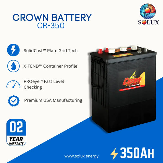 A promotional image of 350Ah Crown Battery with key features on side: solid cast, xtend, proeye with solux logo