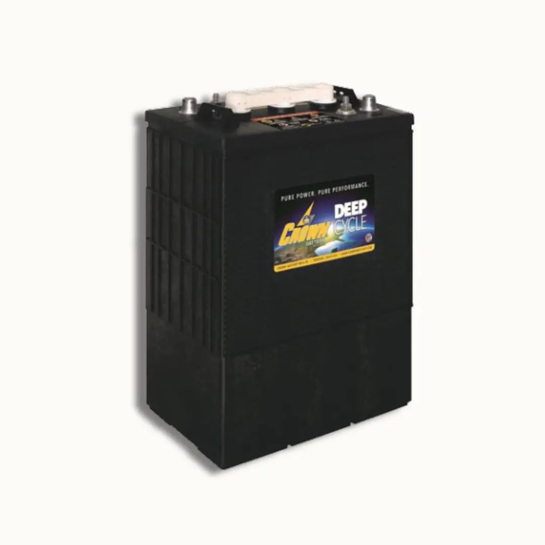 A black Crown Deep Cycle marine battery with a prominent yellow, blue, and white label on the front, set against a plain off-white background.