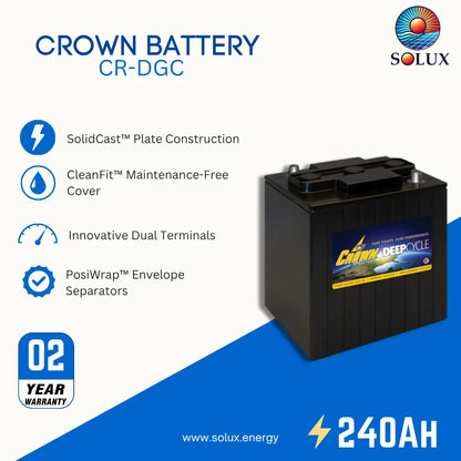 Crown Battery CR-DGC 240AH Solux deep cycle battery on a white and blue promotional background with feature callouts and a 2-year warranty badge.