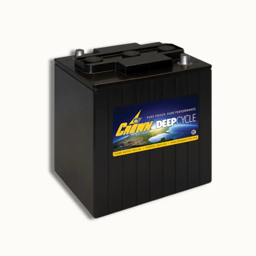 A black Crown Deep Cycle marine battery with a blue and yellow label, shown on a plain off-white background.