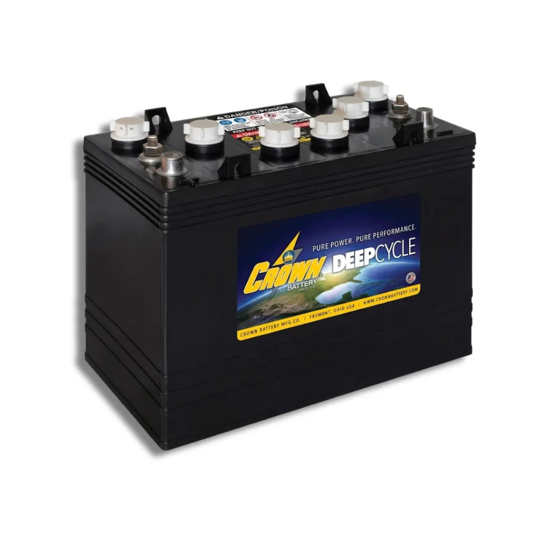A black Crown Deep Cycle marine battery with multiple silver and white terminal caps on top and a blue and yellow brand label on the front, shown on a white background.