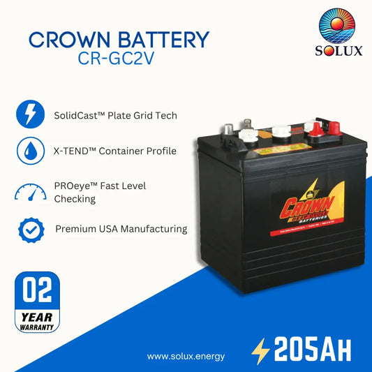 Crown Battery CR-GC2V 205AH lead-acid automotive battery shown on a white and blue promotional graphic with feature callouts and the Solux logo.