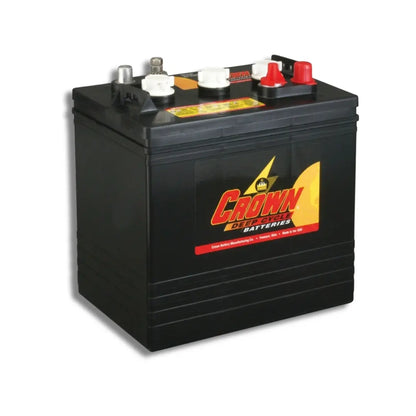 A black Crown Battery car battery with red and white terminal caps and a yellow and red logo on the front, shown on a white background.