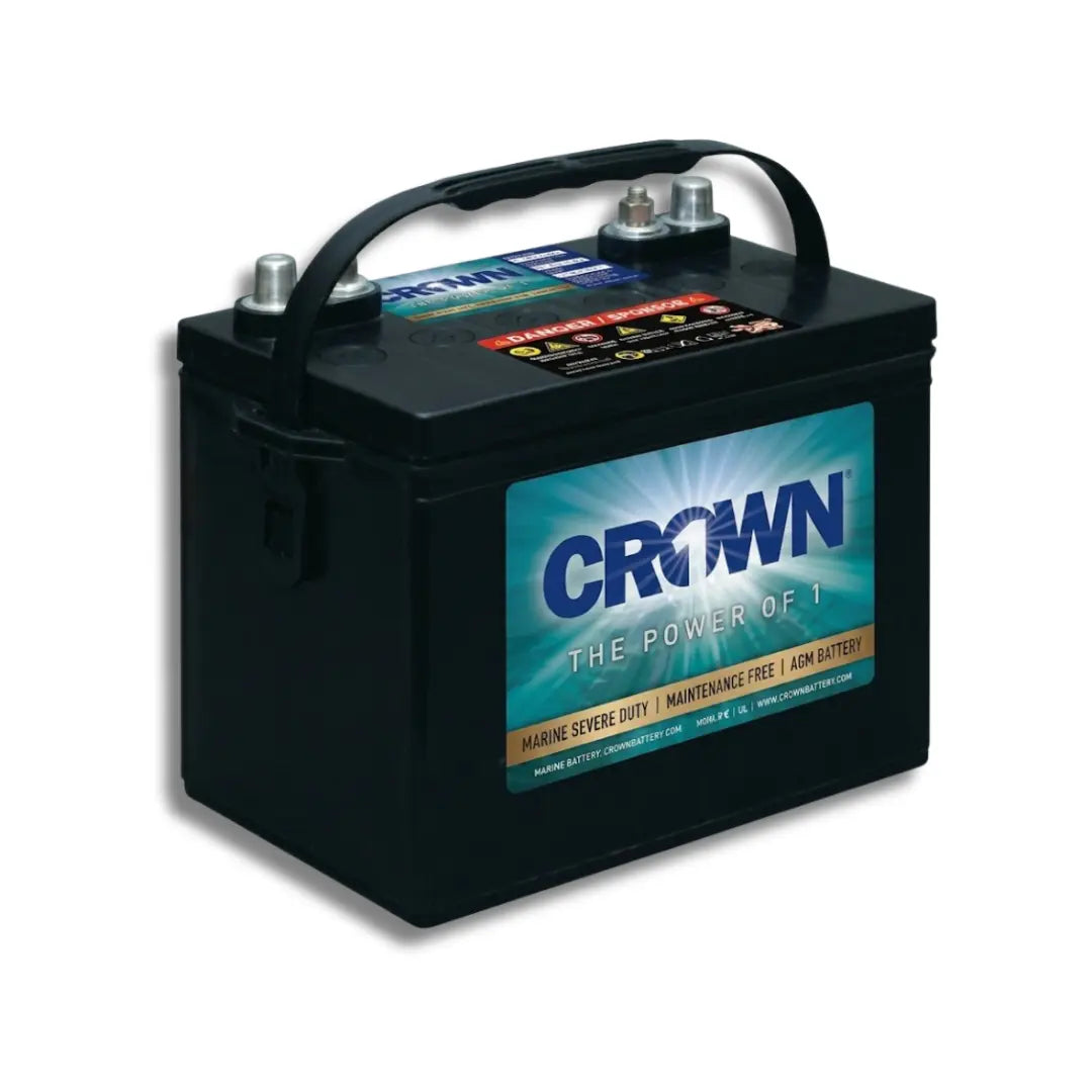 A black Crown brand marine super duty 12V AGM battery with a carrying handle, shown on a white background with a soft drop shadow.