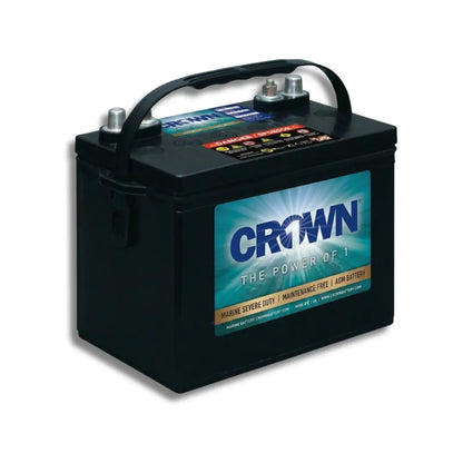 A black Crown brand marine super duty 12V AGM battery with a carrying handle, shown on a white background with a soft drop shadow.
