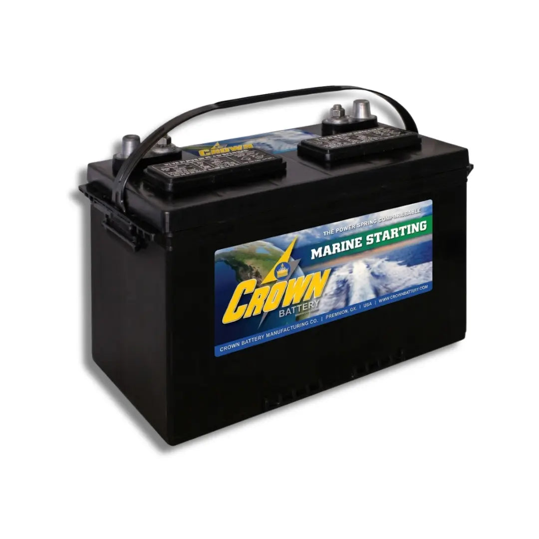 A black Crown Battery marine starting battery with a black handle, shown at a three-quarter angle on a white background.