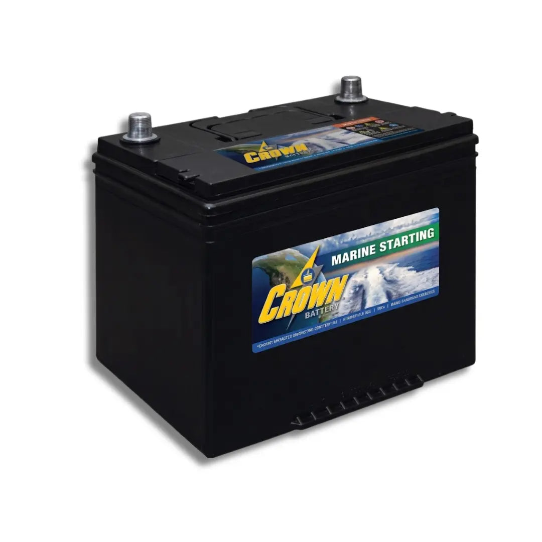 A black Crown Battery marine starting battery with a blue and yellow label, shown on a white background.