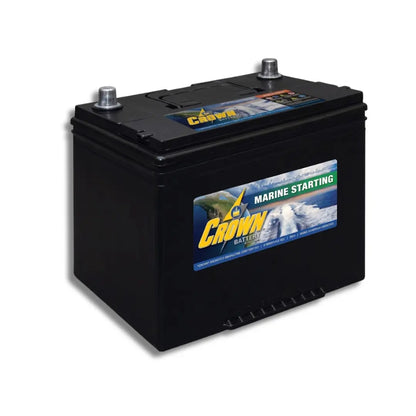 A black Crown Battery marine starting battery with a blue and yellow label, shown on a white background.