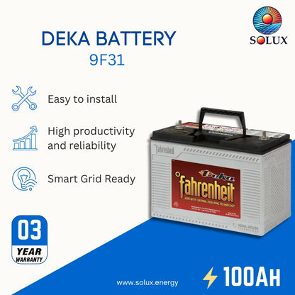 A Deka Battery 9F31 by Solux, 100Ah, shown on a white and blue promotional background with feature icons and text highlighting ease of installation, high productivity, reliability, and smart grid readiness.