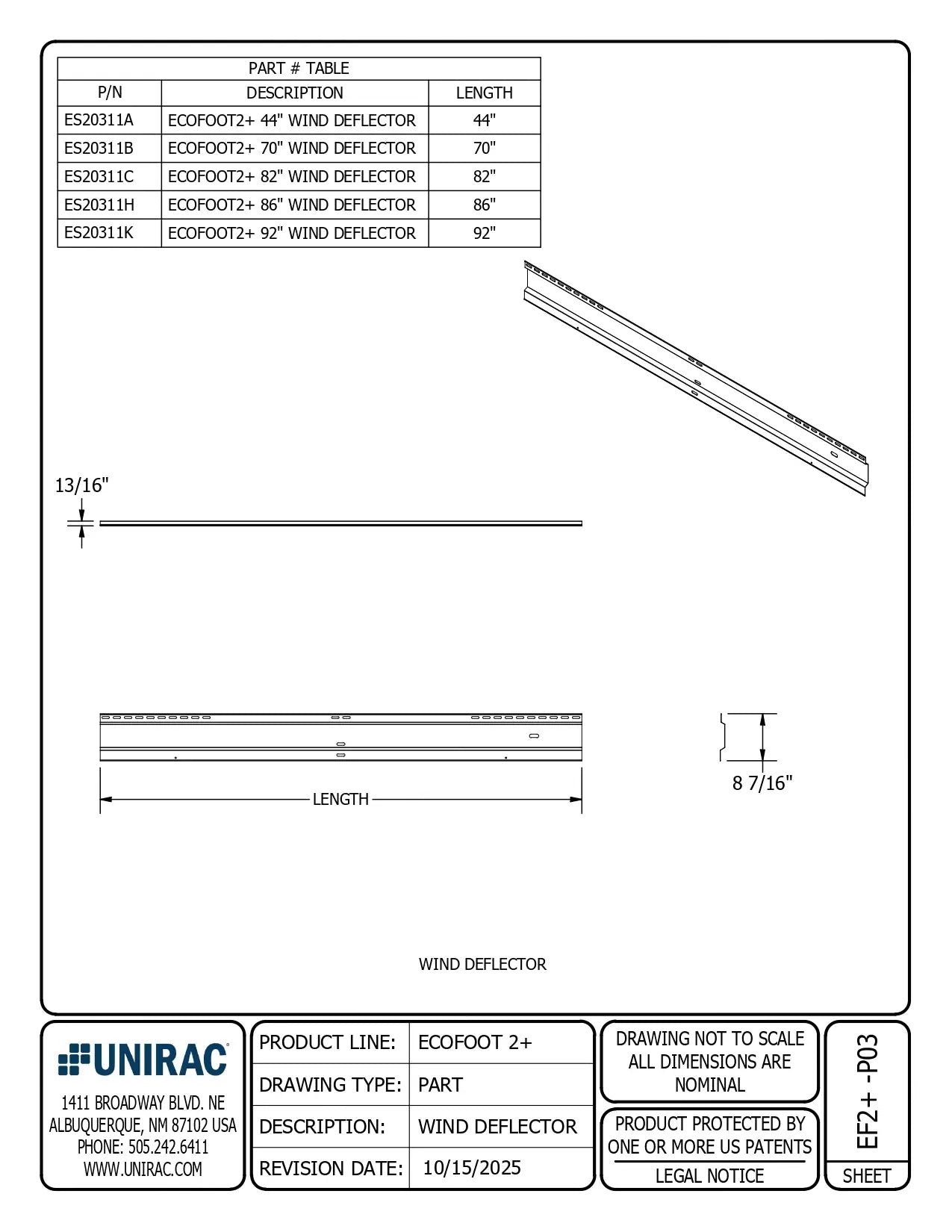 Technical drawing of a wind deflector with dimensions and UNIRAC branding.