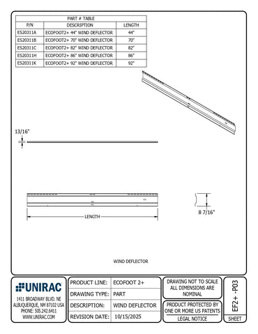 Technical drawing of a wind deflector with dimensions and UNIRAC branding.