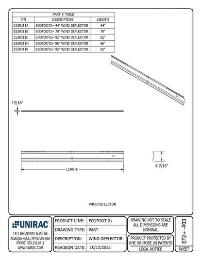 Technical drawing of a wind deflector with dimensions and UNIRAC branding.