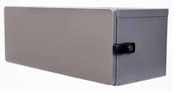 A rectangular metal storage box with a hinged door and a small black handle, shown on a plain white background.