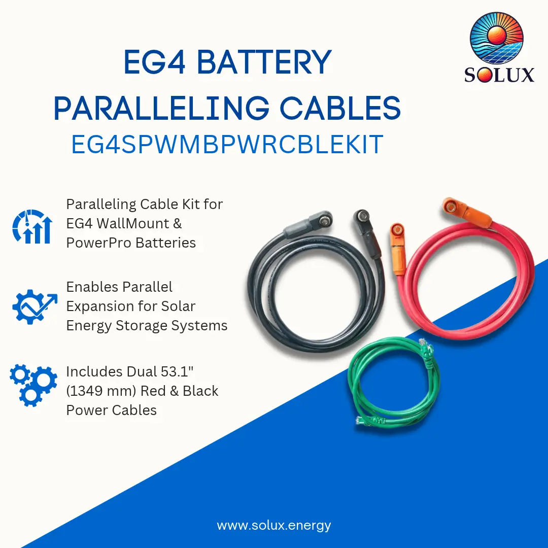 SOLUX EG4 Battery Paralleling Cables kit showing three coiled power cables in red, black, and green with orange connectors on a split white and blue background with product text and icons.