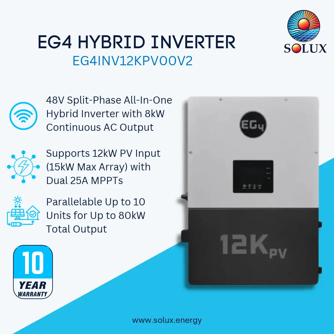 Solux EG4 Hybrid Inverter (EG4INV12KPV00V2) shown on a light blue and white background with product specifications, a 10-year warranty badge, and the Solux logo.