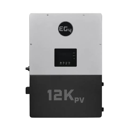 A 12K PV solar power inverter unit with a dual-tone design, featuring a silver upper half and a black lower half, with the EG4 logo and '12K PV' text on a white background.