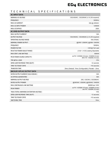 Technical specifications sheet for EG4 Electronics on a white background