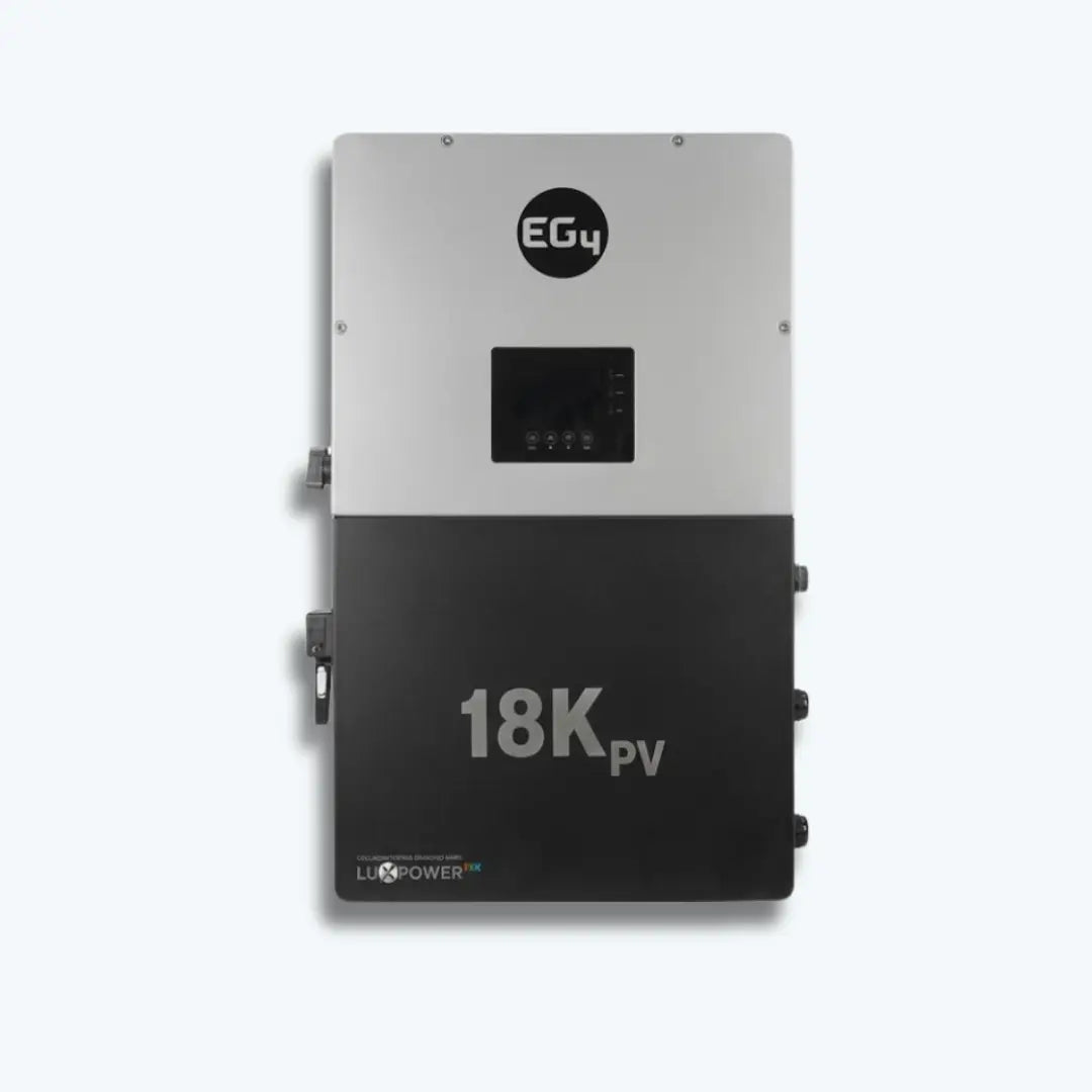 A 18kW PV inverter by EGy and LucePower, featuring a dual-tone silver and black metal casing with a central digital display screen.