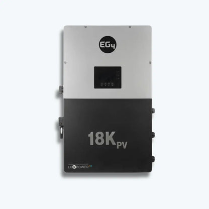 A 18kW PV inverter by EGy and LucePower, featuring a dual-tone silver and black metal casing with a central digital display screen.