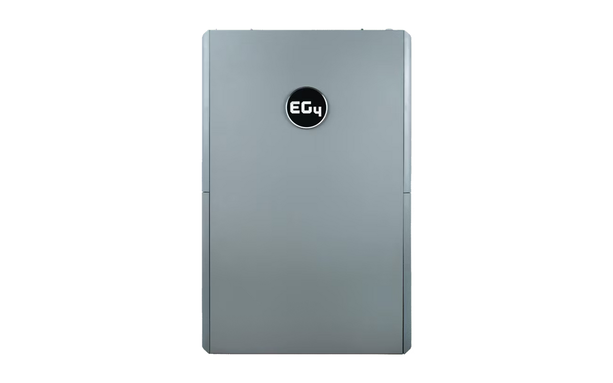 A silver-gray rectangular electronic device with rounded corners, featuring a circular black logo badge with the white text 'EG4' on the front, isolated on a solid white background.