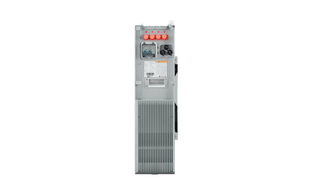A tall, narrow industrial electrical cabinet or power system unit with a gray metal exterior, front ventilation grille, control panel, and red terminal buttons, shown on a plain white background.